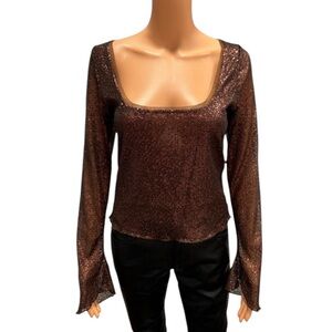 NWOT FREE PEOPLE Intimately Long Sleeve Brown Sequin Bling Dance Party Top Large